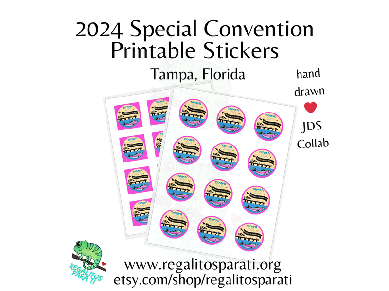 Sticker Sheets with a hand drawn scene featuring skyway bridge, a fishing pier, a rainbow trout underwater and an airplane with a banner text reading "Declare the Good News" Tampa 2024